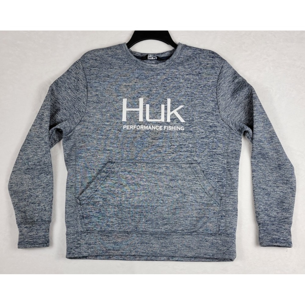 Huk Performance Fishing Fleece Crew Neck Sweatshirt‎ Blue Heathered Men's Sz S